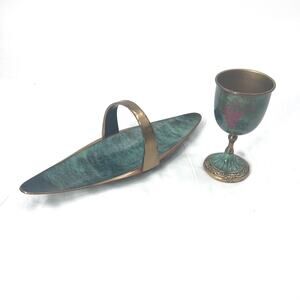 Vintage MCM Israel #1059 Dish & Hakuli Goblet Judaica Brass Enamel